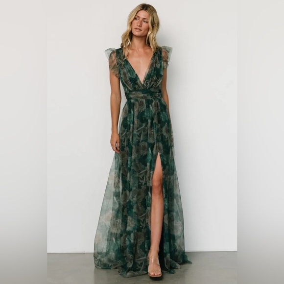 slim fit dress slacks Baltic Born Womens Kearny Ruffle Maxi Dress | Dark Green Floral